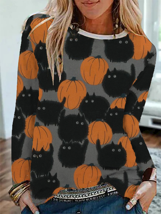 Happy Halloween Graphic Notched Long Sleeve Loose Top