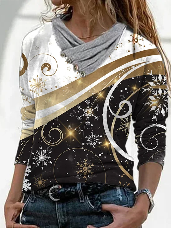 Long Sleeve Cowl Neck Casual Printed T-shirt