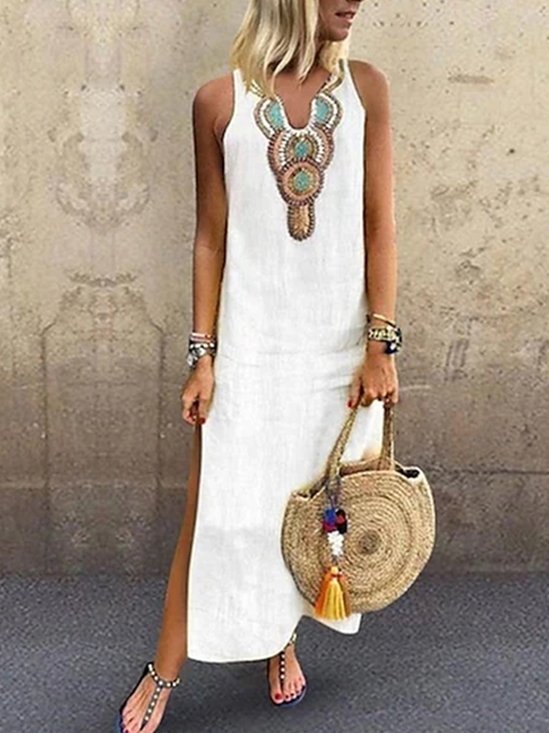 Women Ethnic V Neck Sleeveless Comfy Vacation Maxi Dress