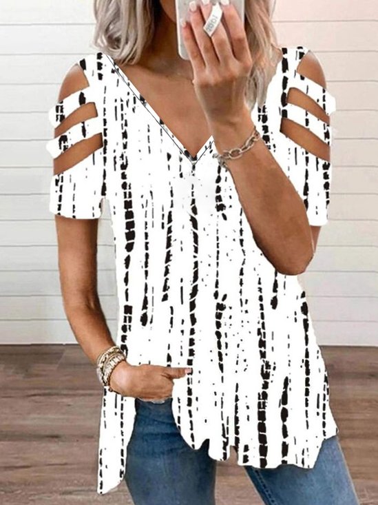 Tribal Geometric Striped Casual Hollow Out V Neck Loose Short Sleeve Tunic Blouse