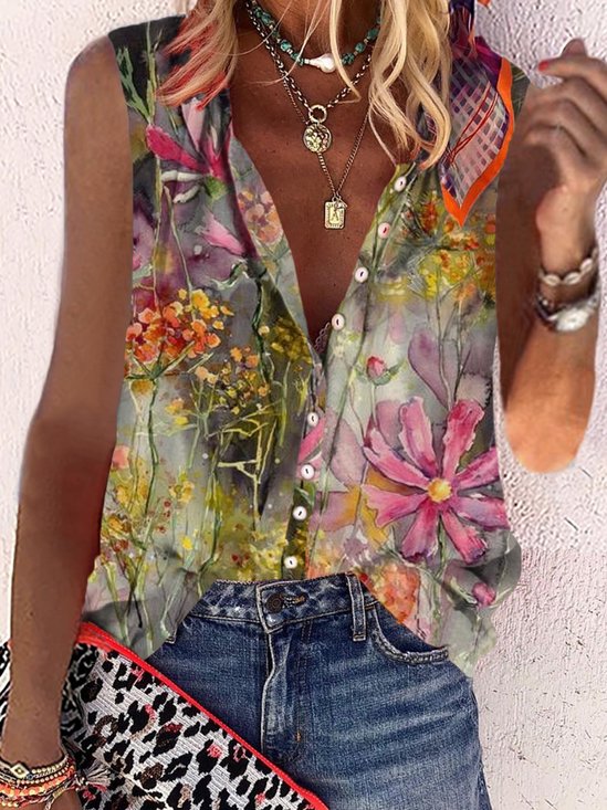 Casual Floral Sleeveless Stand Collar Printed Blouse