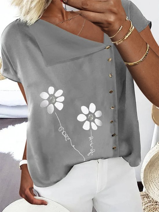 Buttoned Floral Short Sleeve Casual Top