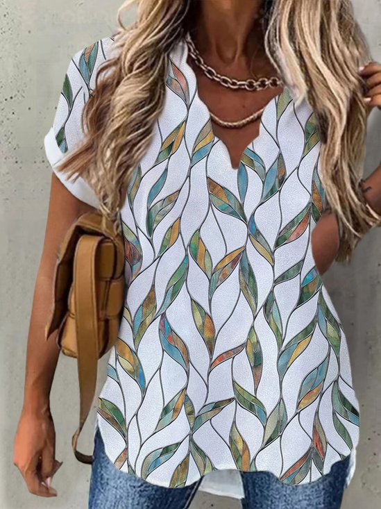 Casual Loosen Leaves V Neck Short Sleeve Tunic Top