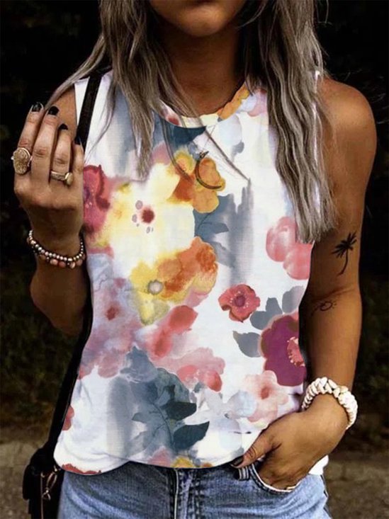 Casual Floral Crew Neck Sleeveless Loose Knit