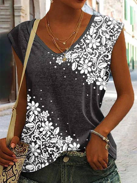 Casual V Neck Floral Pattern Tank Top