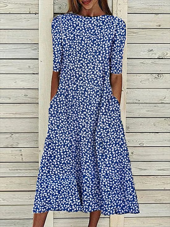 Women's A Line Dress Midi Dress Blue Half Sleeve Floral Ruched Print Summer Fall Crew Neck Casual Modern Dress