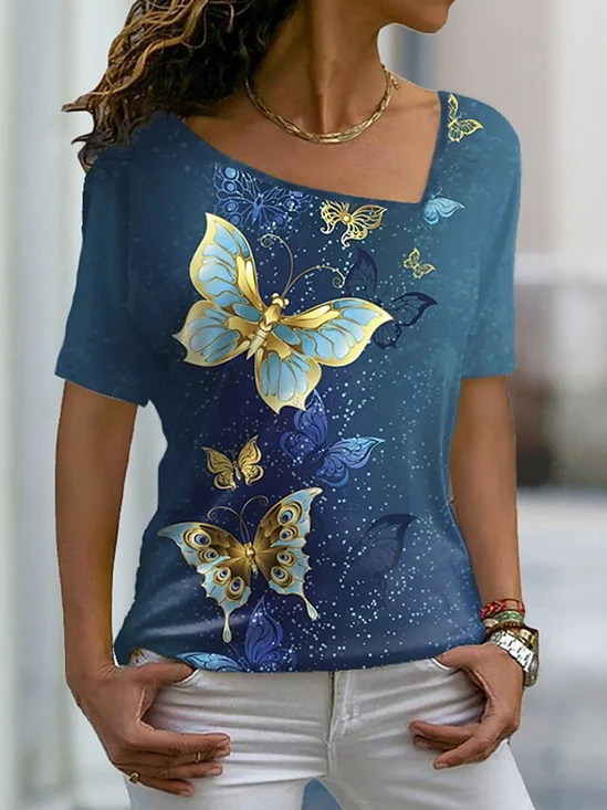 Women's Holiday Weekend Casual Butterfly Printed Neck Loose T-Shirt