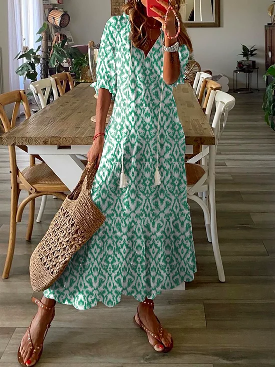 Women Floral V Neck Short Sleeve Comfy Casual Maxi Dress