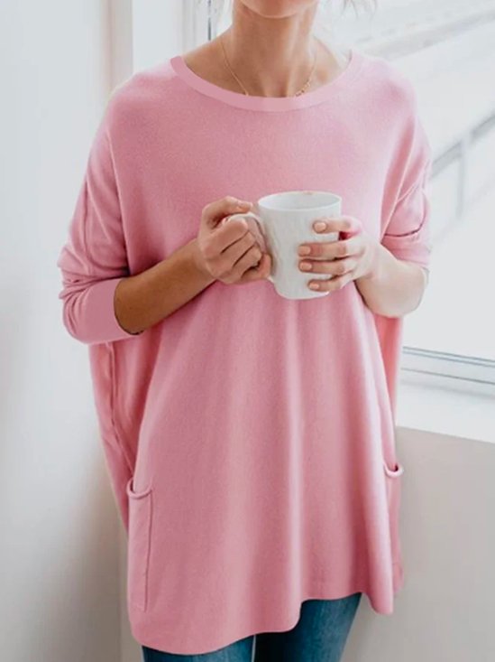 Casual Long Sleeve Cotton-Blend Solid Tunic T-Shirt