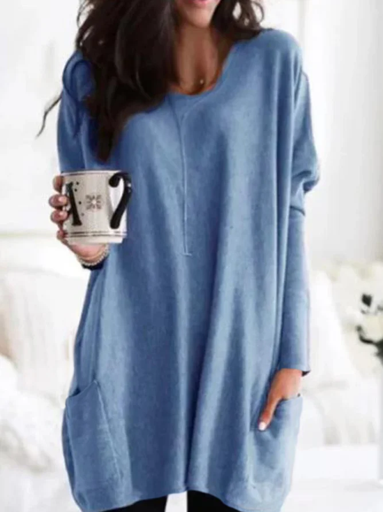 Casual Pockets Long Sleeve Solid Tunic Top