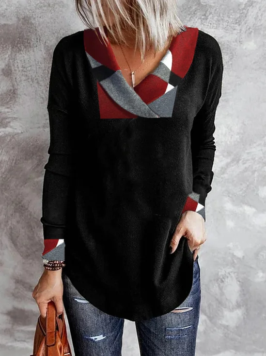 Casual Contrast Stitching Cross Neck Long Sleeve T-shirt