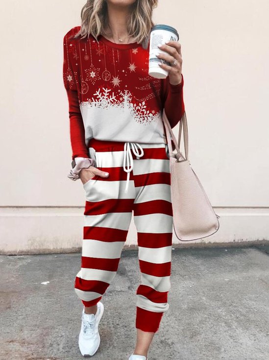 Christmas Stripe Crew Neck Casual Loose Two Piece Set