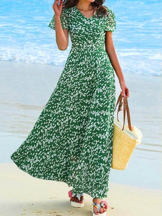 Women's Disty Floral Short Sleeve V Neck Vacation Long Dress