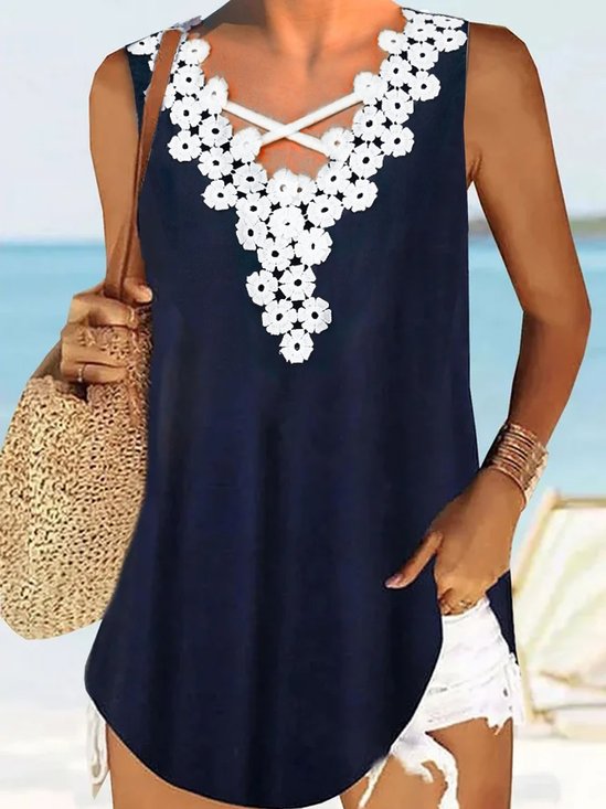 V Neck Patchwork lace Casual Loose Tank Top