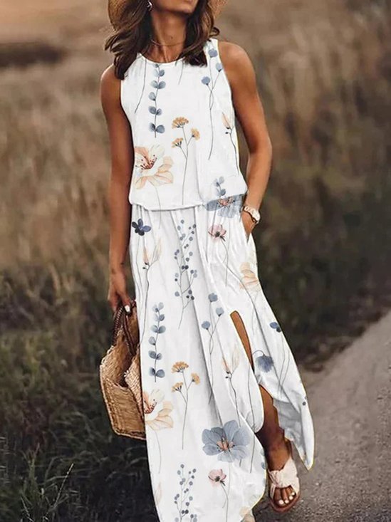 Floral Crew Neck Casual Vacation Sleeveless Loose Dress