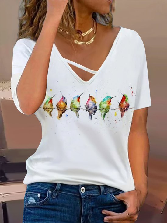 Bird Printed Casual Jersey V-neck T-Shirt