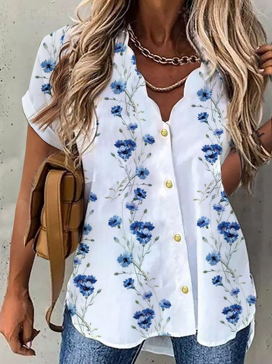 V Neck Casual Loose Floral Tunic Blouse
