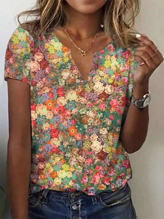 Casual Floral Print Notched T-Shirt