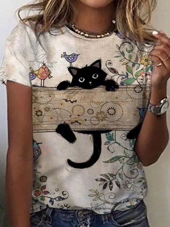 Cat Floral Casual Loose Crew Neck T-Shirt