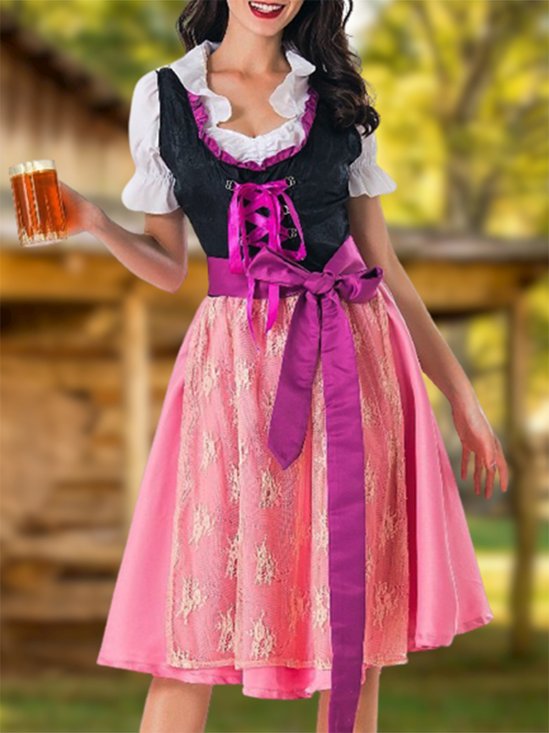 Oktoberfest Bavarian Traditional Beer Short Sleeve Dress Lace-up With Belt