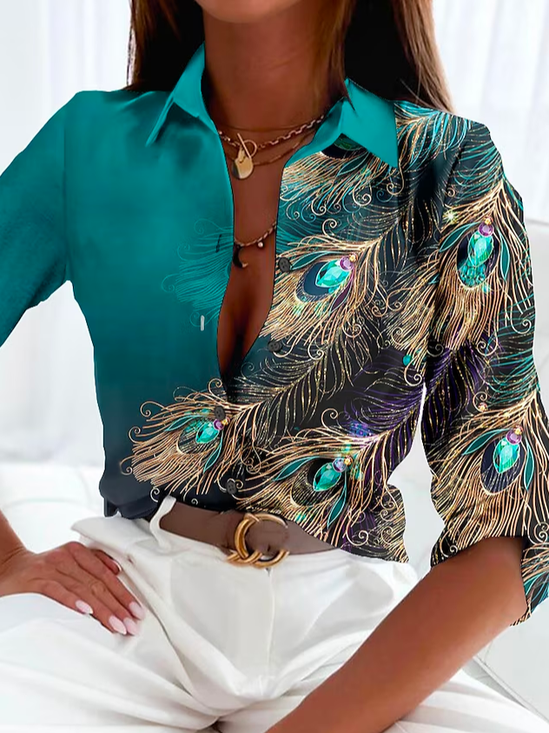 Shirt Collar Long Sleeve Ombre Regular Micro-Elasticity Loose Blouse For Women
