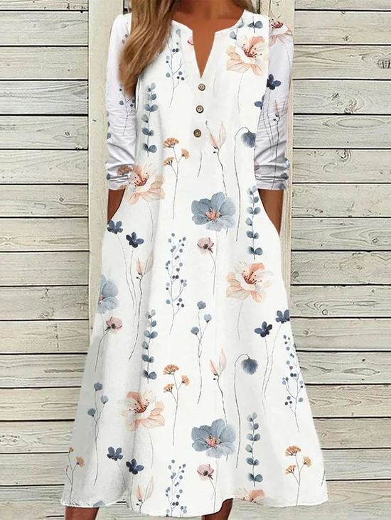 Women Floral Notched Long Sleeve Comfy Casual Buckle Midi Dress