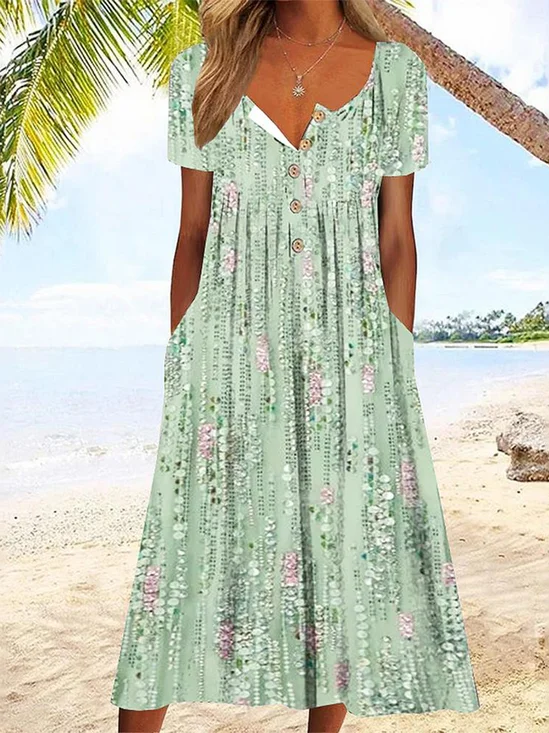 Women Floral Crew Neck Short Sleeve Comfy Casual Buttoned Maxi Dress