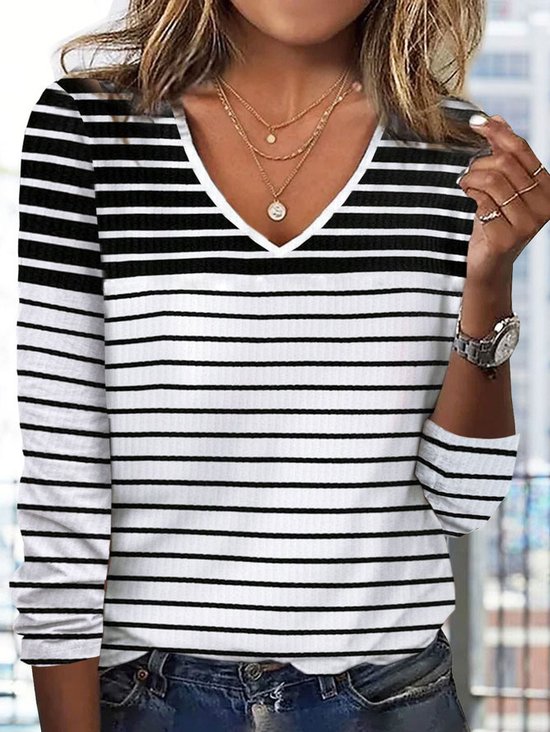 Casual Striped Printed V-neck T-Shirt