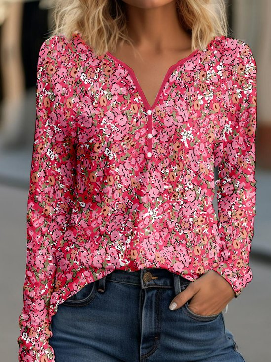 Casual Floral Notched Long Sleeve T-shirt