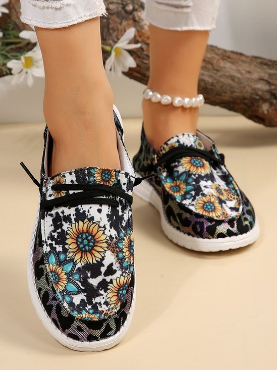 Western Cow Sunflower Canvas Boat Flats