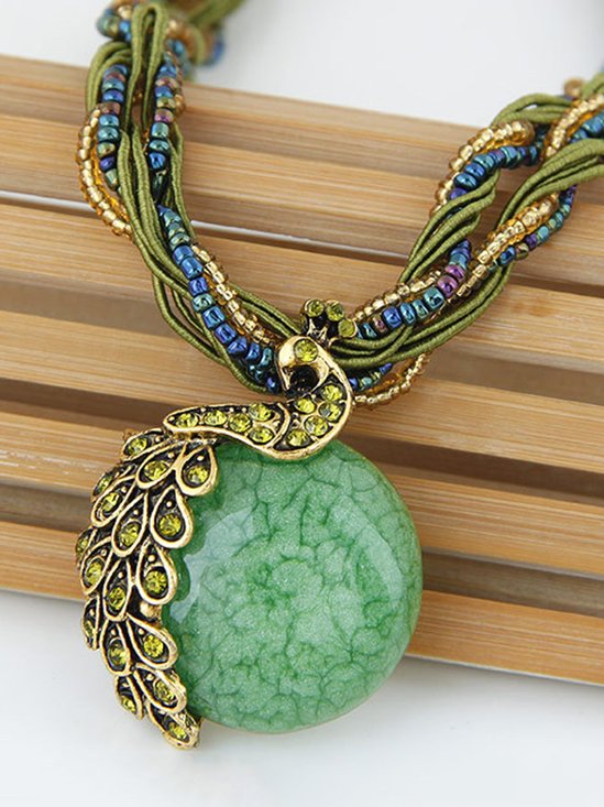 Ezing Women Gift Vintage Gold Plated Green Peacock Jewelry Set Pendant Necklace Earrings