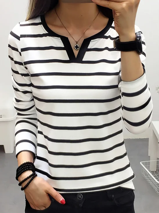 Casual Striped Notched Long Sleeve T-shirt