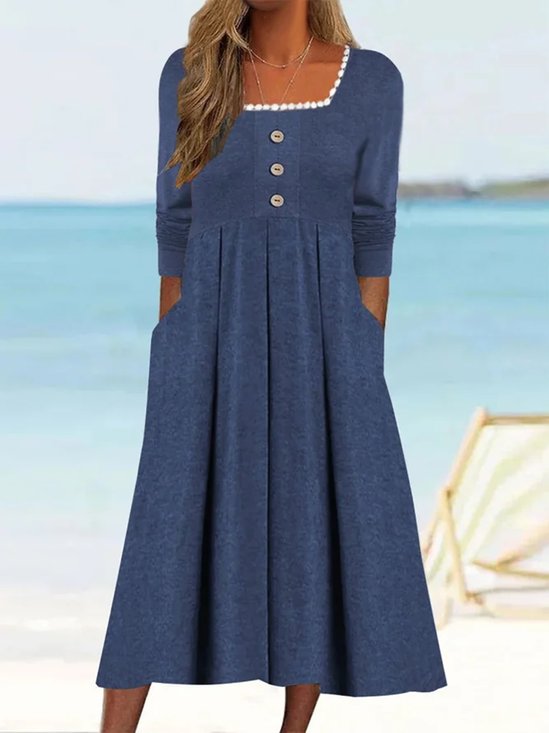 Women Plain Square Neck Long Sleeve Comfy Elegant Buttoned Midi Dress