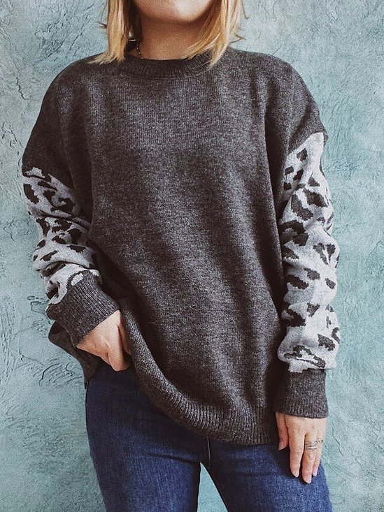 Women Yarn/Wool Yarn Leopard Long Sleeve Comfy Casual Sweater