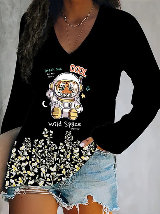 Casual Floral V Neck Long Sleeve T-shirt