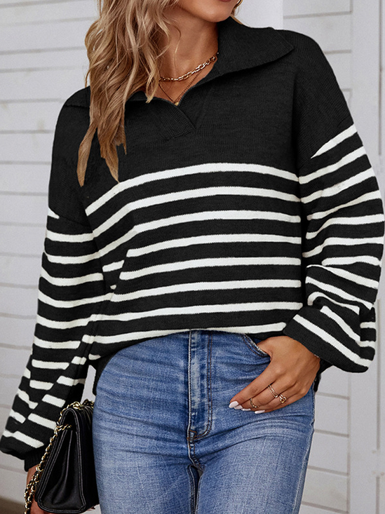 Women Yarn/Wool Yarn Striped Long Sleeve Comfy Casual Sweater