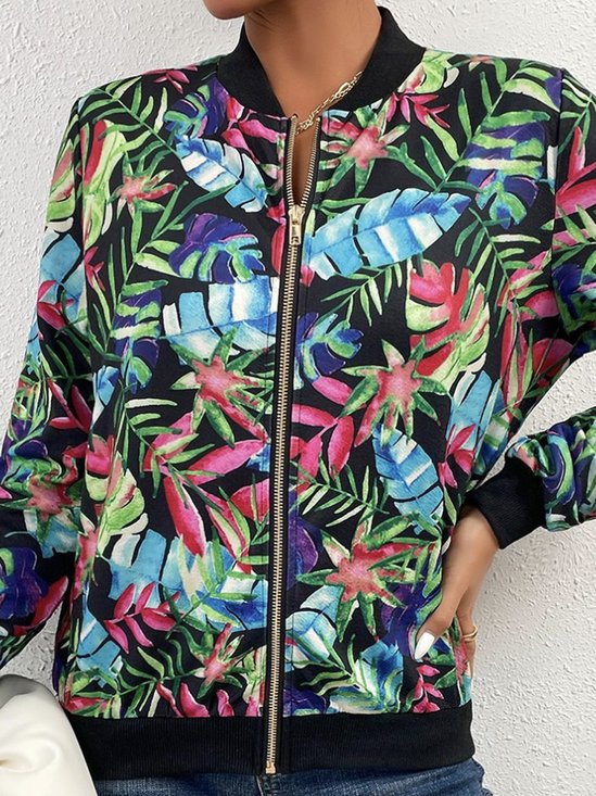 Hoodie Long Sleeve Floral Zipper Regular Loose Jacket For Women