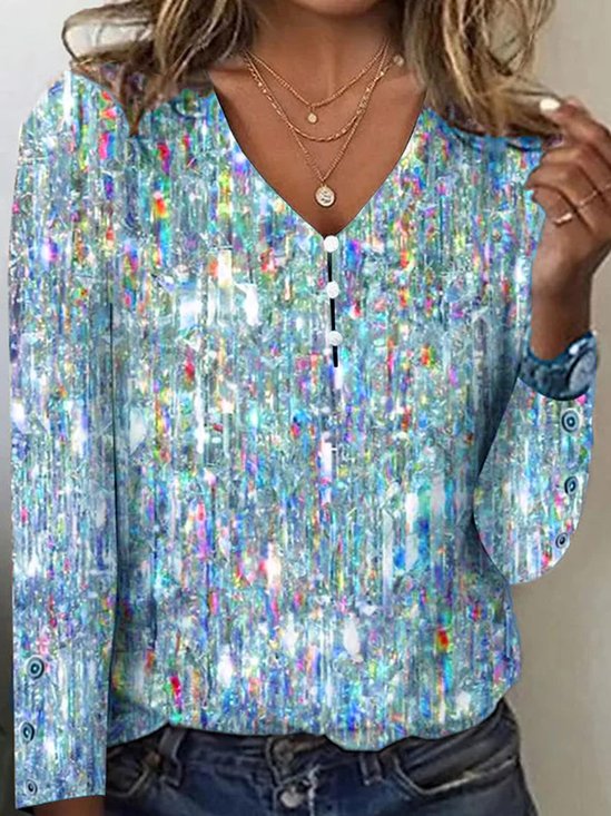 Women Casual Glitter Print Holiday V Neck Long Sleeve T-shirt