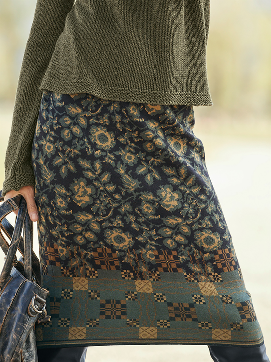 Boho Ethnic H-Line Natural Midi Skirt