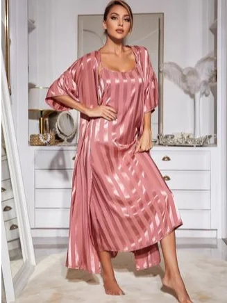 Sexy Loose Colorblock Crew Neck Two Piece Nightgown Set