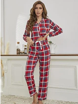 Superfine Fiber Casual Loose Regular Long Sleeve Plaid Pajama Set