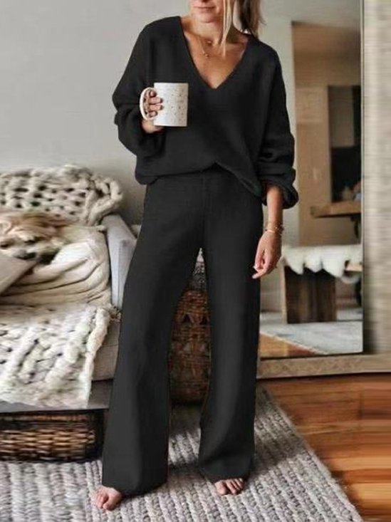 Women Plain V Neck Long Sleeve Comfy Casual Top With Pants Two-Piece Set