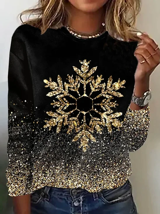 Casual Christmas Snow Print Crew Neck Long Sleeve T-shirt