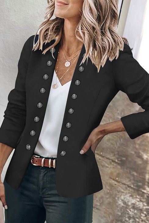 Long Sleeve Plain Pocket Stitching Regular Micro-Elasticity Loose Jacket For Women
