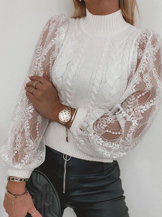 Women Lace Plain Long Sleeve Comfy Casual Lace Sweater