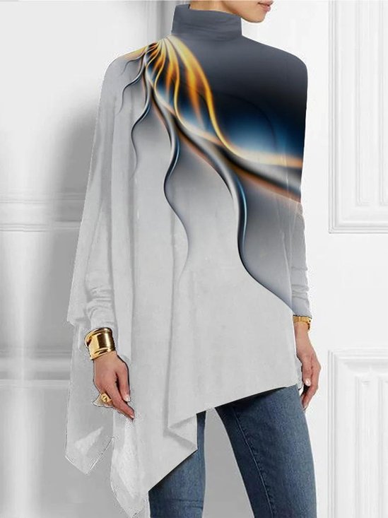 Turtleneck Long Sleeve Abstract Asymmetric Regular Micro-Elasticity Loose Shirt For Women