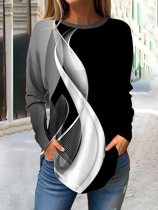 Casual Abstract Crew Neck Long Sleeve T-shirt