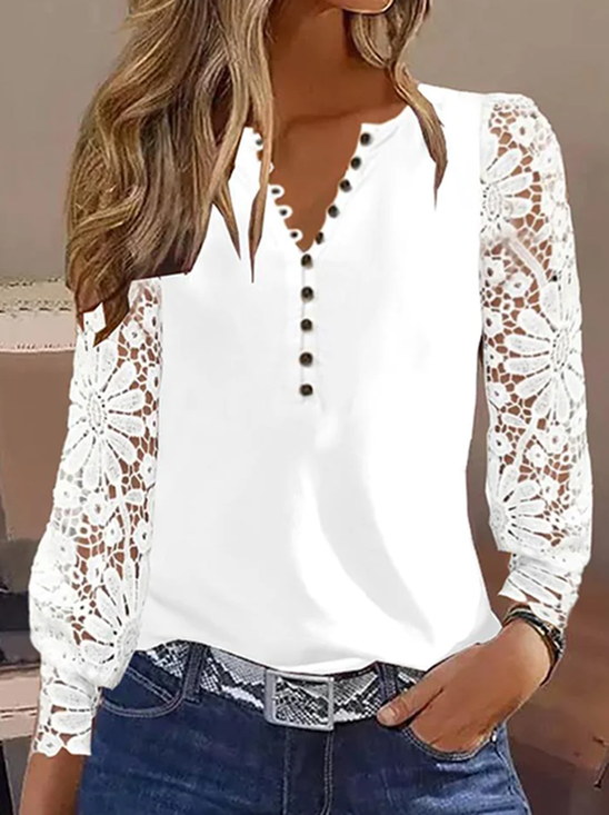 V Neck Long Sleeve Plain Lace Regular Micro-Elasticity Loose Shirt For Women