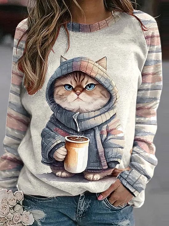 Casual Crew Neck Cat Sweatshirt