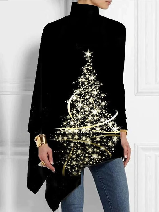Turtleneck Long Sleeve Christmas Regular Micro-Elasticity Loose Shirt For Women